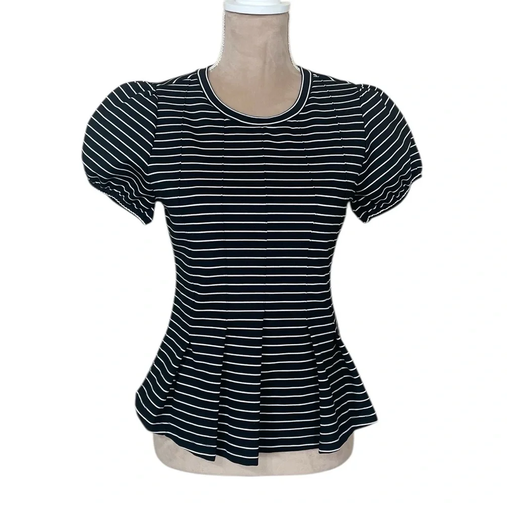 EUC Maeve for Anthropologie Corset Peplum Black and White Striped Blouse (G)